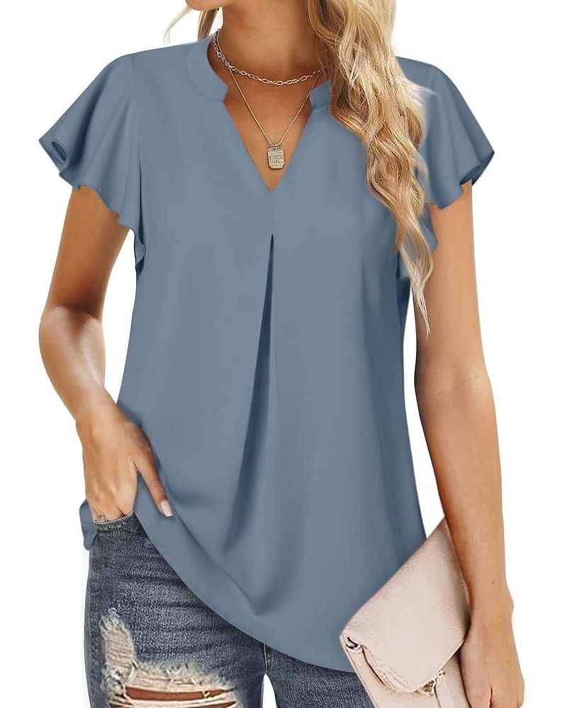 Women's Chiffon Blouse Ruffle V Neck Short Sleeve Summer Shirt Tops Blue Grey $16.00 Blouses