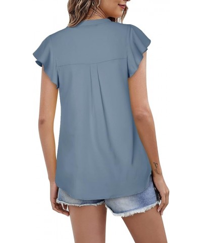 Women's Chiffon Blouse Ruffle V Neck Short Sleeve Summer Shirt Tops Blue Grey $16.00 Blouses