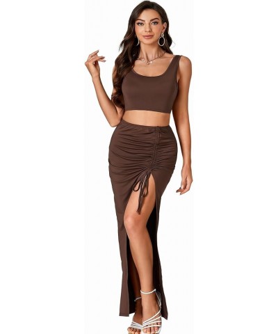 Women's Two Piece Dress Set High Split Drawstring Ruched Bodycon Long Skirt with Square Neck Crop Tank Top Light Brown $14.08...