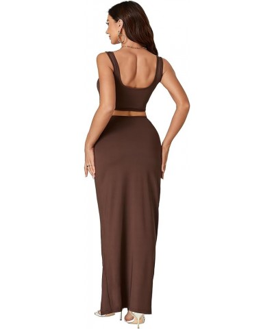 Women's Two Piece Dress Set High Split Drawstring Ruched Bodycon Long Skirt with Square Neck Crop Tank Top Light Brown $14.08...