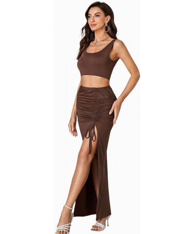 Women's Two Piece Dress Set High Split Drawstring Ruched Bodycon Long Skirt with Square Neck Crop Tank Top Light Brown $14.08...