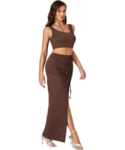 Women's Two Piece Dress Set High Split Drawstring Ruched Bodycon Long Skirt with Square Neck Crop Tank Top Light Brown $14.08...