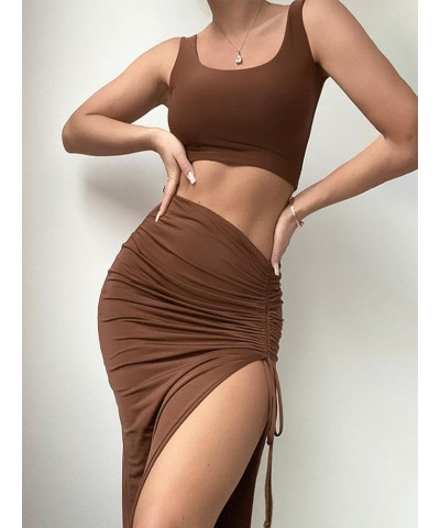 Women's Two Piece Dress Set High Split Drawstring Ruched Bodycon Long Skirt with Square Neck Crop Tank Top Light Brown $14.08...