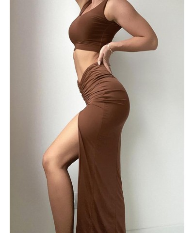 Women's Two Piece Dress Set High Split Drawstring Ruched Bodycon Long Skirt with Square Neck Crop Tank Top Light Brown $14.08...