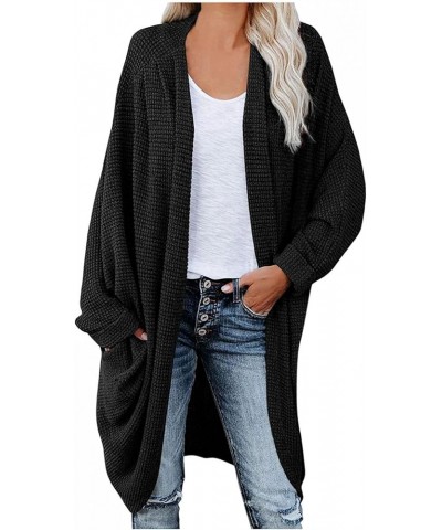 Women's Waffle Knit Batwing Long Sleeve Cardigan Oversized Loose Open Front Sweater Coat Outerwear with Pockets Black $9.68 S...