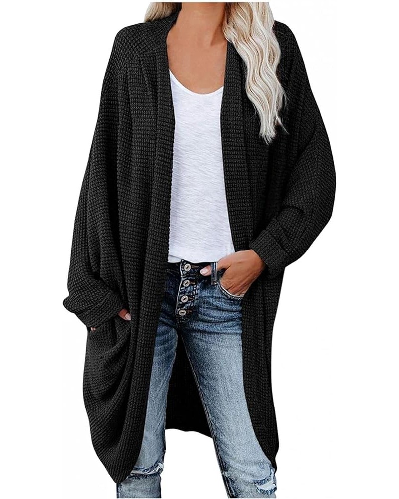 Women's Waffle Knit Batwing Long Sleeve Cardigan Oversized Loose Open Front Sweater Coat Outerwear with Pockets Black $9.68 S...