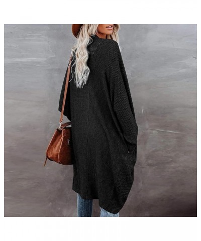 Women's Waffle Knit Batwing Long Sleeve Cardigan Oversized Loose Open Front Sweater Coat Outerwear with Pockets Black $9.68 S...