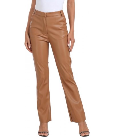 Women's Faux Leather Pants High Waisted Straight Leg Trousers with Pockets Camel Brown $18.00 Pants