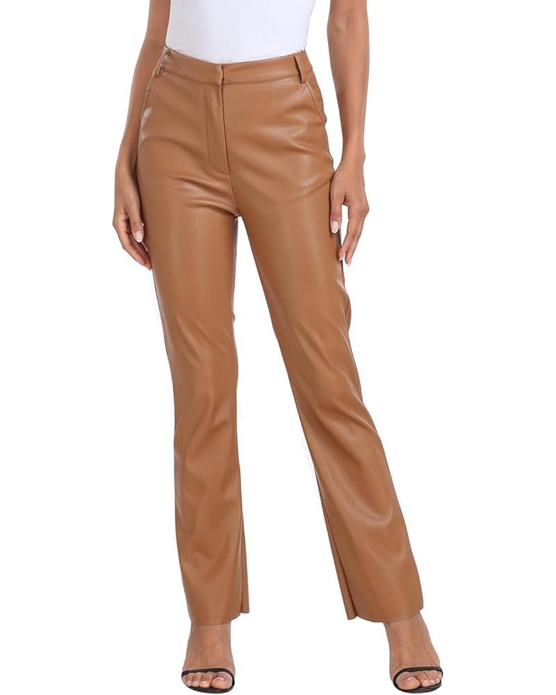 Women's Faux Leather Pants High Waisted Straight Leg Trousers with Pockets Camel Brown $18.00 Pants