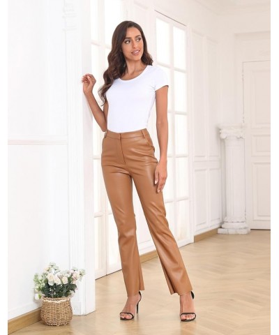 Women's Faux Leather Pants High Waisted Straight Leg Trousers with Pockets Camel Brown $18.00 Pants