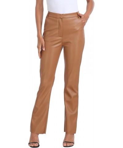 Women's Faux Leather Pants High Waisted Straight Leg Trousers with Pockets Camel Brown $18.00 Pants