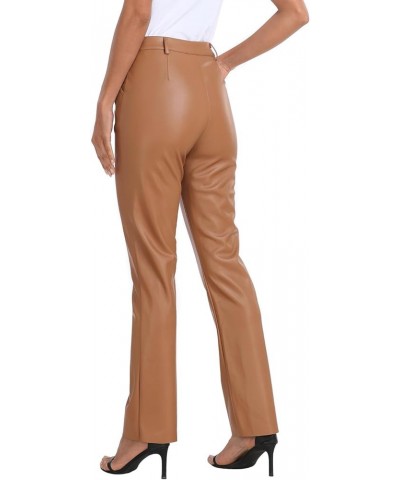 Women's Faux Leather Pants High Waisted Straight Leg Trousers with Pockets Camel Brown $18.00 Pants