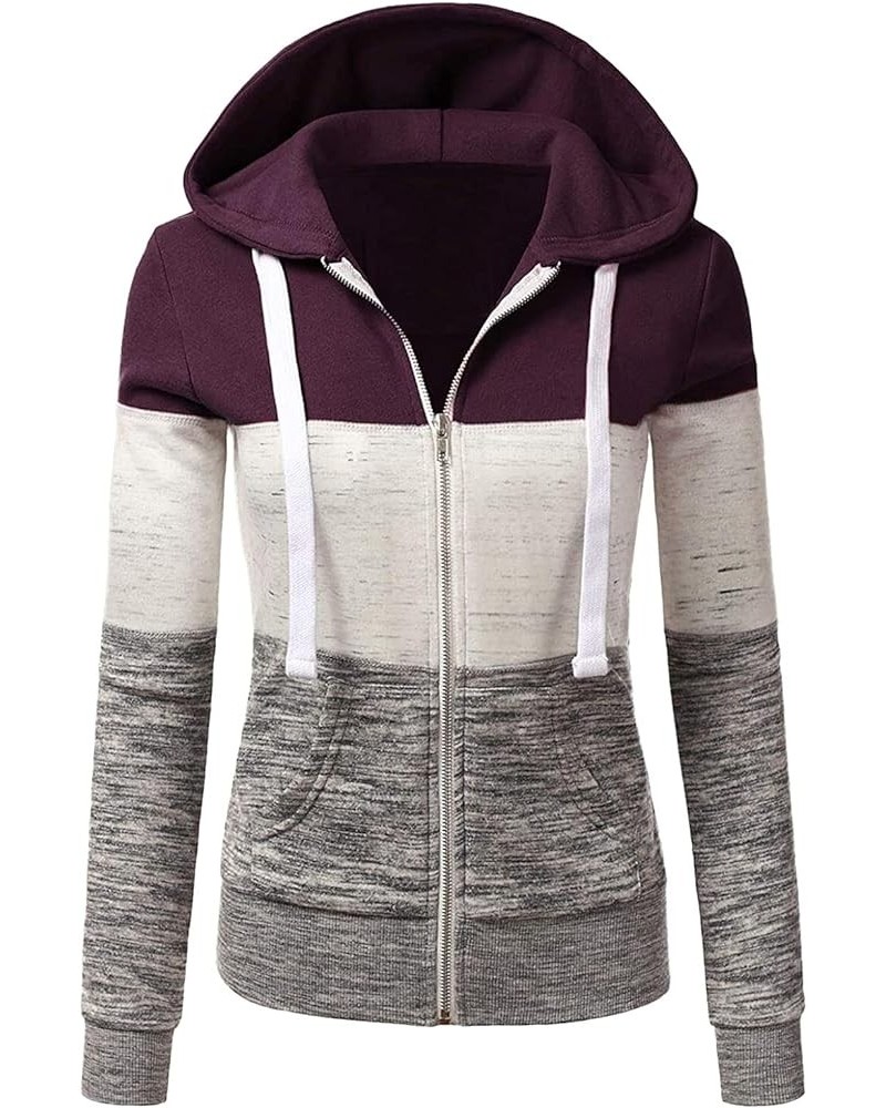 Women's Full Zip Up Hoodies Long Sleeve Color Block Hooded Sweatshirts Jackets Casual Lightweight Coat with Pockets D-purple ...