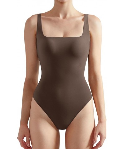 Women Sexy Square Neck Thong Bodysuit Backless Sleeveless Tank Tops 02 Brown $16.77 Lingerie