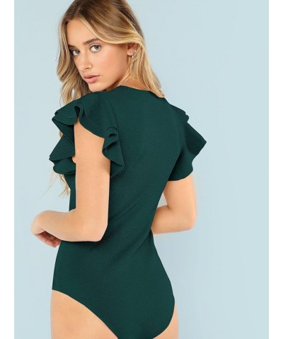 Women's Round Neck Layered Ruffle Short Sleeve Bodysuit Dark Green Solid $10.00 Bodysuits