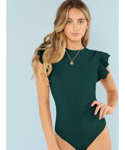 Women's Round Neck Layered Ruffle Short Sleeve Bodysuit Dark Green Solid $10.00 Bodysuits