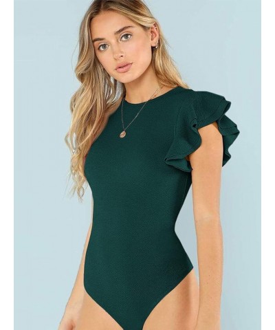 Women's Round Neck Layered Ruffle Short Sleeve Bodysuit Dark Green Solid $10.00 Bodysuits