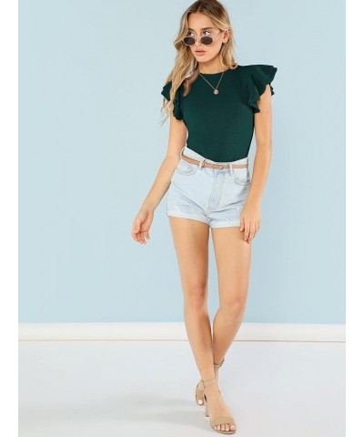 Women's Round Neck Layered Ruffle Short Sleeve Bodysuit Dark Green Solid $10.00 Bodysuits