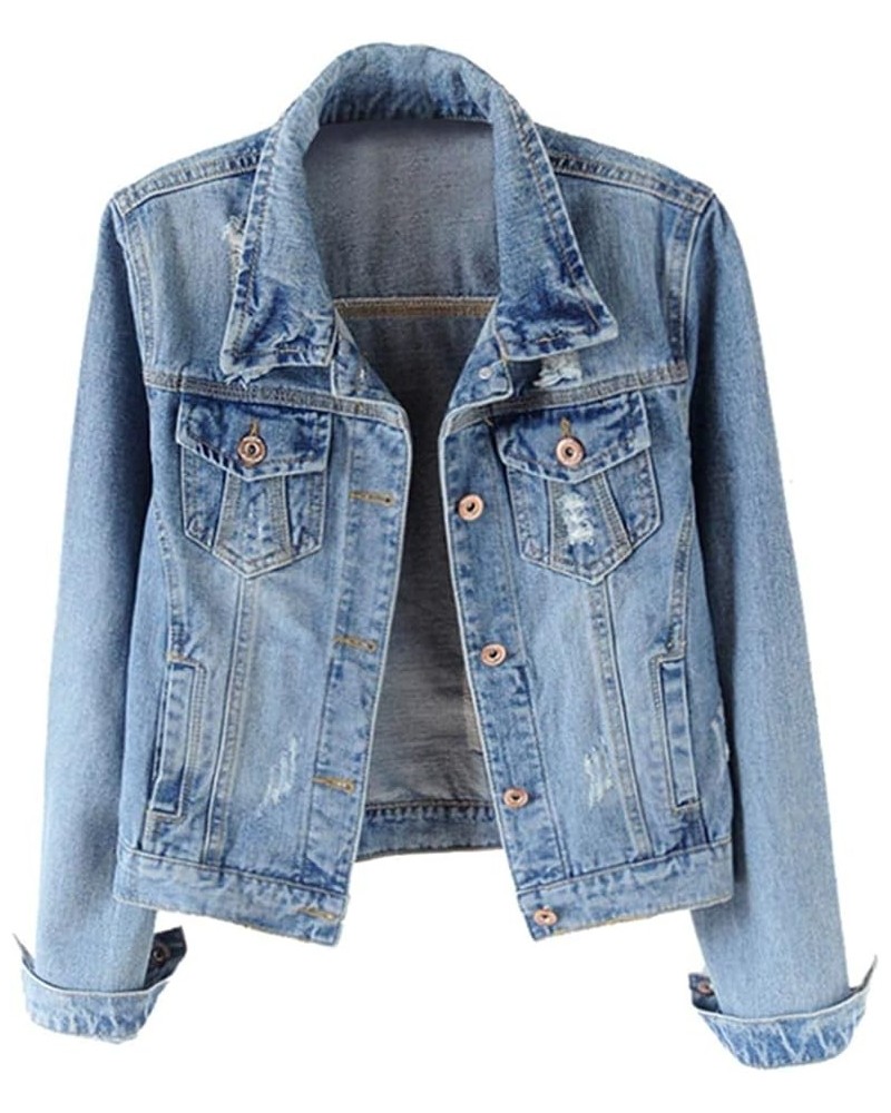 Womens Denim Jackets Distressed Ripped Long Sleeve Jean Jacket Coats Blue $22.99 Jackets