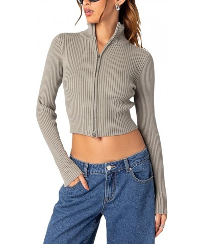 Women Y2k Zip Up Ribbed Knit Sweater Vintage Off Shoulder Long Sleeve Slim Fit Crop Sweater E-Girl Cardigan Steetwear 23sep25...