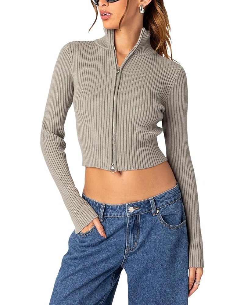 Women Y2k Zip Up Ribbed Knit Sweater Vintage Off Shoulder Long Sleeve Slim Fit Crop Sweater E-Girl Cardigan Steetwear 23sep25...