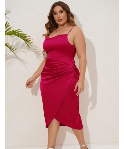 2023 Plus Size Satin Dress 1X-4X Ruched Cowl Neck Spaghetti Strap Elegant Midi Dress Wedding Guest Cocktail Cherry $19.80 Dre...