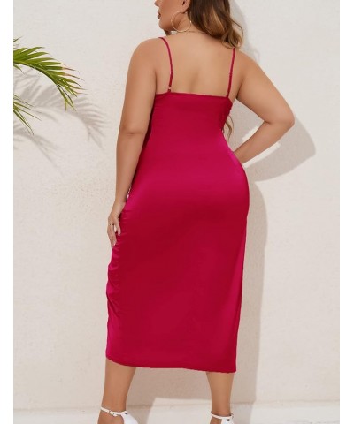 2023 Plus Size Satin Dress 1X-4X Ruched Cowl Neck Spaghetti Strap Elegant Midi Dress Wedding Guest Cocktail Cherry $19.80 Dre...