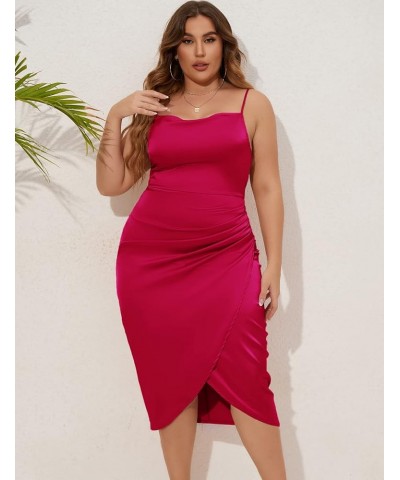 2023 Plus Size Satin Dress 1X-4X Ruched Cowl Neck Spaghetti Strap Elegant Midi Dress Wedding Guest Cocktail Cherry $19.80 Dre...