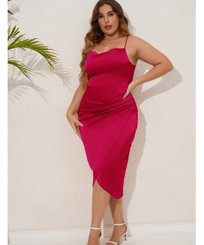 2023 Plus Size Satin Dress 1X-4X Ruched Cowl Neck Spaghetti Strap Elegant Midi Dress Wedding Guest Cocktail Cherry $19.80 Dre...