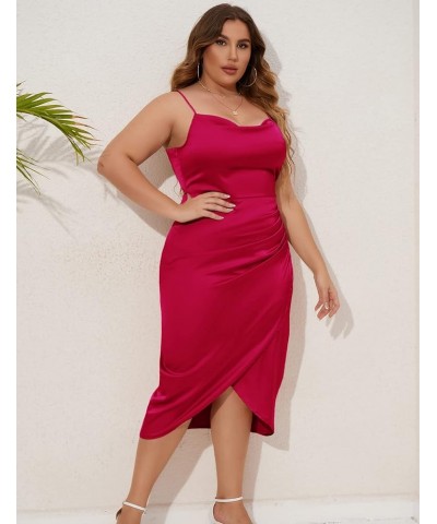 2023 Plus Size Satin Dress 1X-4X Ruched Cowl Neck Spaghetti Strap Elegant Midi Dress Wedding Guest Cocktail Cherry $19.80 Dre...