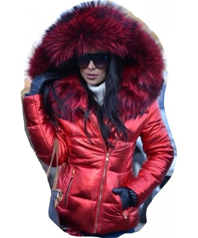 SET-01 Women's Down Cotton Filled Jacket With Real Raccoon Fur Trimmed Hooded Big Fluffy Lightweight Furry Jacket Top Red $74...