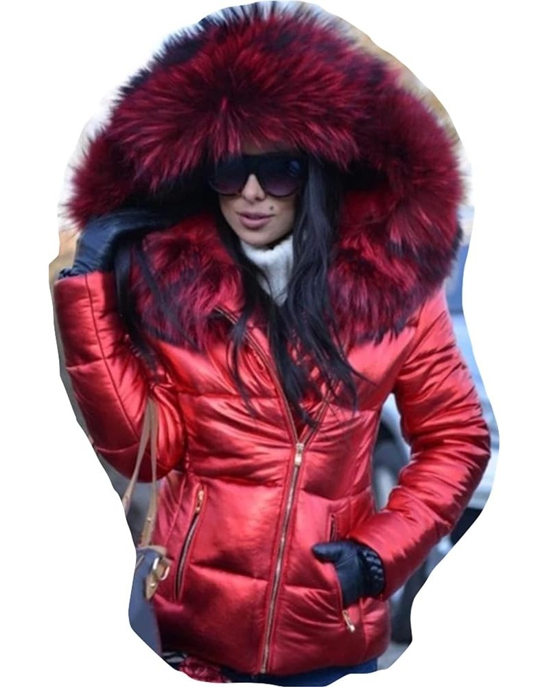 SET-01 Women's Down Cotton Filled Jacket With Real Raccoon Fur Trimmed Hooded Big Fluffy Lightweight Furry Jacket Top Red $74...