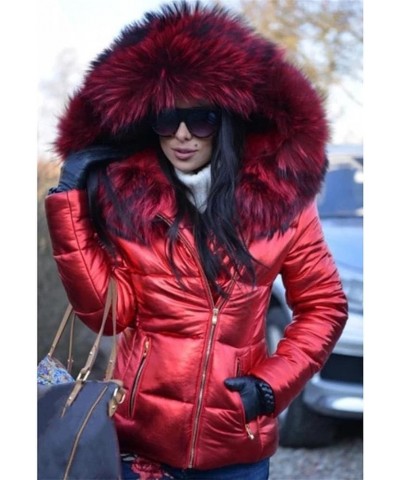 SET-01 Women's Down Cotton Filled Jacket With Real Raccoon Fur Trimmed Hooded Big Fluffy Lightweight Furry Jacket Top Red $74...