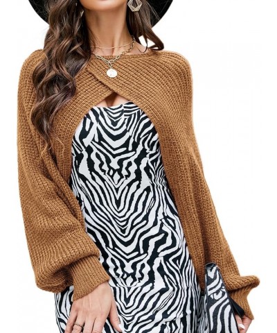 Women's Long Sleeve Crop Cardigan Sweater Waffle Knit Bishop Sleeve Shawl Knitted Bolero Shrug Sweater Brown $12.76 Sweaters