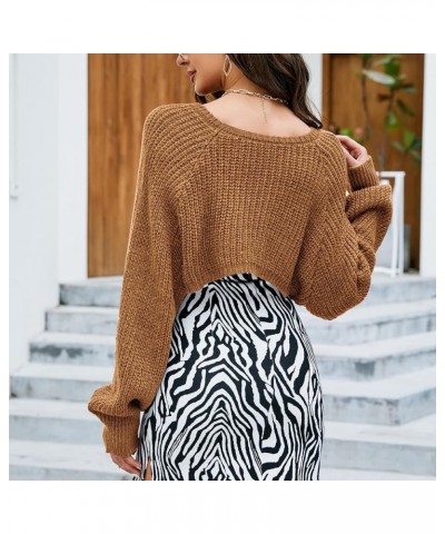 Women's Long Sleeve Crop Cardigan Sweater Waffle Knit Bishop Sleeve Shawl Knitted Bolero Shrug Sweater Brown $12.76 Sweaters