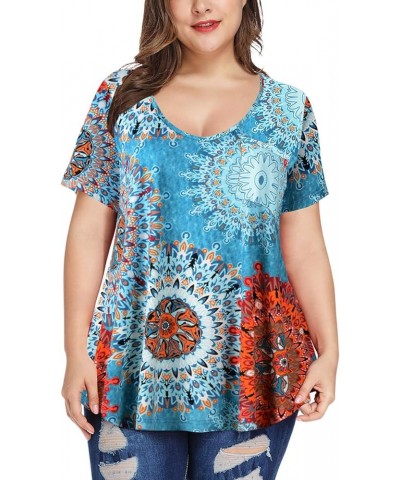 Plus Size Tops for Women Casual V Neck Summer Short Sleeve T Shirts with Pocket Mandala Floral $13.24 Others