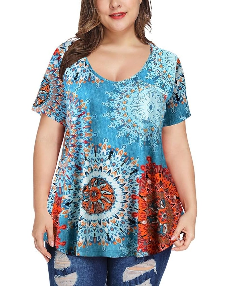 Plus Size Tops for Women Casual V Neck Summer Short Sleeve T Shirts with Pocket Mandala Floral $13.24 Others