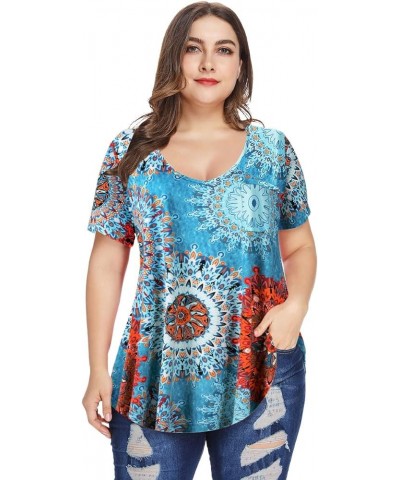 Plus Size Tops for Women Casual V Neck Summer Short Sleeve T Shirts with Pocket Mandala Floral $13.24 Others