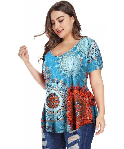 Plus Size Tops for Women Casual V Neck Summer Short Sleeve T Shirts with Pocket Mandala Floral $13.24 Others