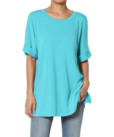 Women's Casual Round Neck Cuffed Short Sleeve Loose Tee Basic Jersey Top T-Shirt Ice Blue $10.34 Tops