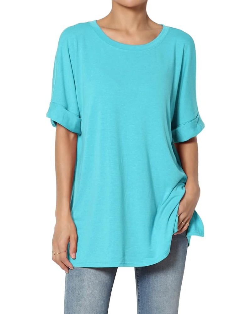 Women's Casual Round Neck Cuffed Short Sleeve Loose Tee Basic Jersey Top T-Shirt Ice Blue $10.34 Tops