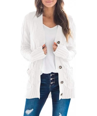 Women's 2024 Fall Casual Long Sleeve Button Down Open Front Cable Knit Cardigan Sweater Coat White $24.07 Sweaters