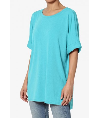 Women's Casual Round Neck Cuffed Short Sleeve Loose Tee Basic Jersey Top T-Shirt Ice Blue $10.34 Tops