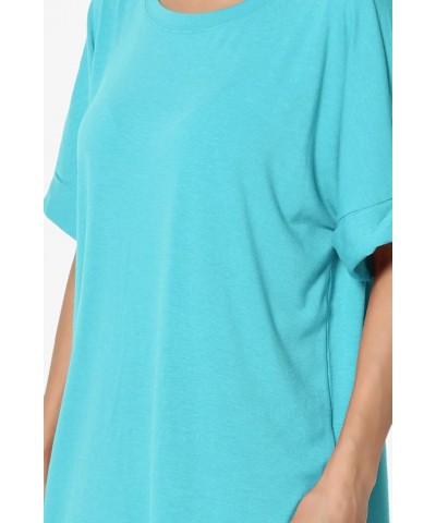 Women's Casual Round Neck Cuffed Short Sleeve Loose Tee Basic Jersey Top T-Shirt Ice Blue $10.34 Tops