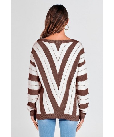 Women's Fashion Long Sleeve Striped Color Block Knitted Sweater Crew Neck Loose Pullover Jumper Tops Striped Brown $18.86 Swe...