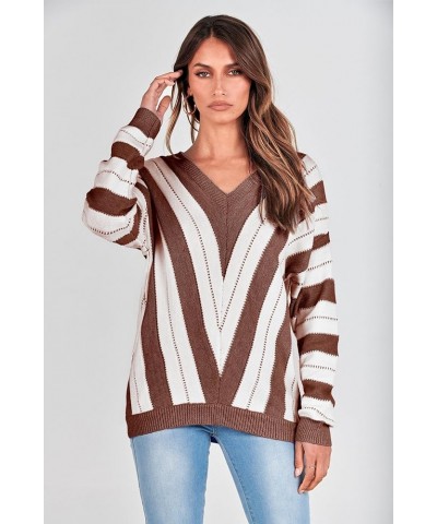 Women's Fashion Long Sleeve Striped Color Block Knitted Sweater Crew Neck Loose Pullover Jumper Tops Striped Brown $18.86 Swe...