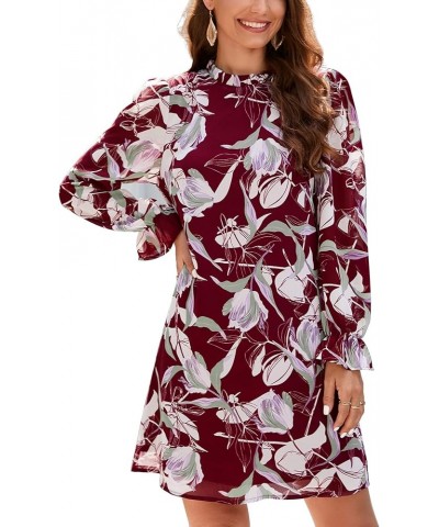 Women's Ruffle Mock Neck Long Sleeve Floral Print Mini Dress Casual Pleated Flowy Babydoll Short Dress Long-wine Floral $10.7...