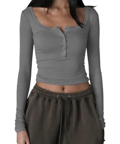 Women Ribbed Long Sleeve Tops Square Neck Button Up Knit Tee Shirt Pullover Casual Basic Crop Tops A-gray $9.87 T-Shirts