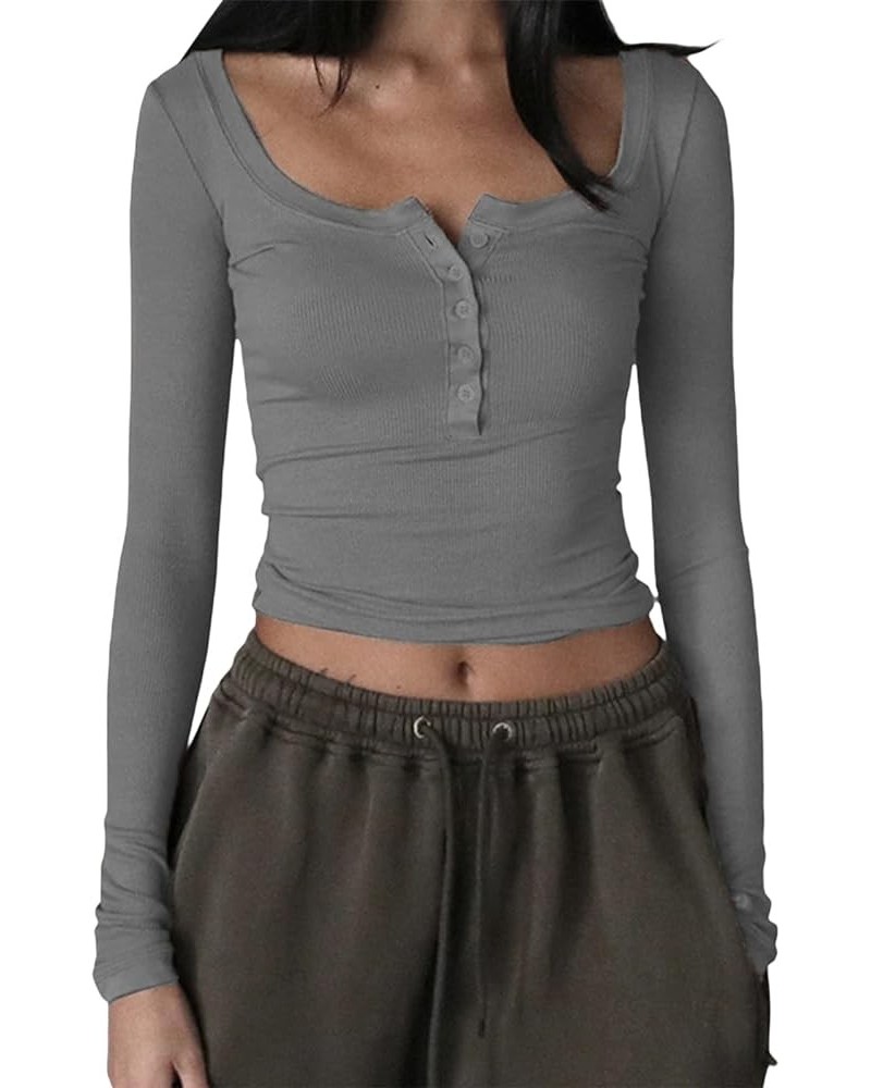 Women Ribbed Long Sleeve Tops Square Neck Button Up Knit Tee Shirt Pullover Casual Basic Crop Tops A-gray $9.87 T-Shirts