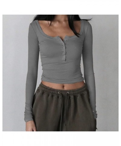 Women Ribbed Long Sleeve Tops Square Neck Button Up Knit Tee Shirt Pullover Casual Basic Crop Tops A-gray $9.87 T-Shirts